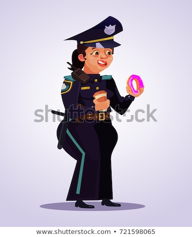 Foto stock: Police Woman Eating Donut And Drinking Coffee