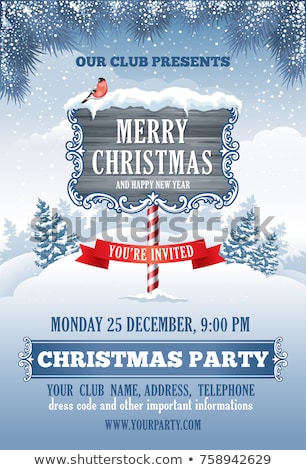 Stockfoto: Christmas Party Flyer Illustration With Typography Lettering And Holiday Elements On Winter Landscap