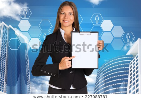 Businesswoman Holding Paper Holde Building And Hexagons With People Icons Stockfoto © cherezoff