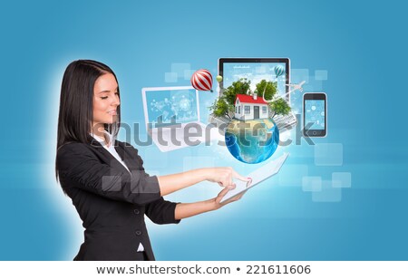 Women Using Digital Tablet Earth And Hexagons With Icons Stockfoto © cherezoff
