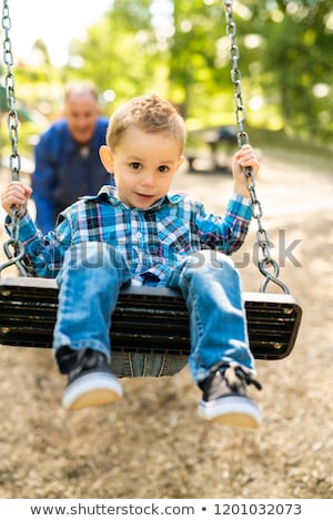 Foto d'archivio: A Grandfather Pushing His Grandson On The Rope Swing