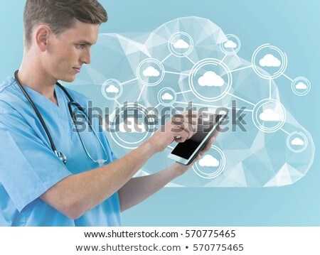 Foto d'archivio: Doctor Using Connecting Icon Interface Against Clouds