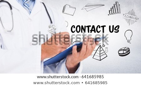 商業照片: Doctor Mid Section With Clipboard Against Contact Doodles And White Wall