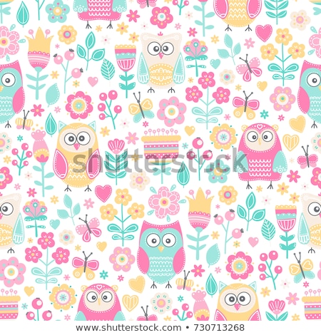 Stock fotó: Seamless Flowers And Owl Pattern Vector Background