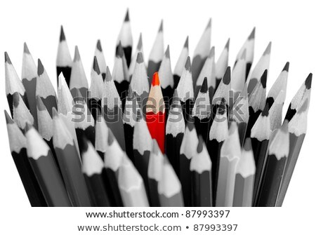 Сток-фото: One Orange Pencil Standing Out From Grey Pencils