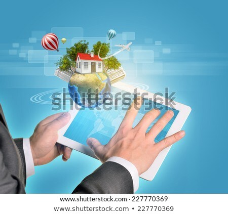 Hand Holds Earth With House Skyscrapers And Trees Air Balloons Airplane Hexagons Near Globe Stockfoto © cherezoff