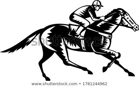 Stock photo: Jockey Riding Thoroughbred Horse Racing Retro Woodcut Black And White