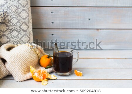 Stockfoto: Aromatic Black Coffee And Tangerines On Light Wooden Background