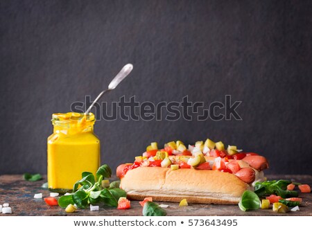 Stock photo: Hot Dog With Lettucetomatoes And Salad On Wooden Board