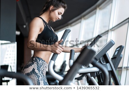 Foto stock: Young Healthy Group Of People Working Out On A Elliptic Trainer