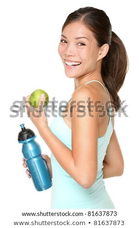 Blue Bottles With Water And Green Apple Isolated On White Stockfoto © Ariwasabi