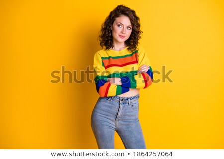 ストックフォト: Happy Woman In Striped Pullover Looking Up