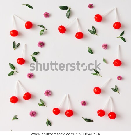 Stockfoto: Ripe Cherry Berries And Cherry Leaf Colourful Bright Pattern