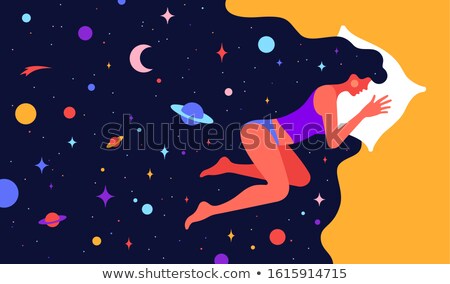 Zdjęcia stock: Modern Flat Character Woman Sleeping In Bed With Universe