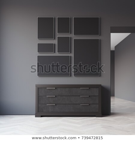 ストックフォト: Dark Guestroom With Seven Picture Frames 3d Rendering