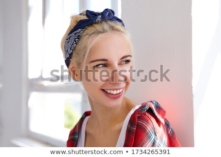 Stockfoto: Portrait Of Pleased Blond Woman 20s Wearing Red Shirt Smiling At