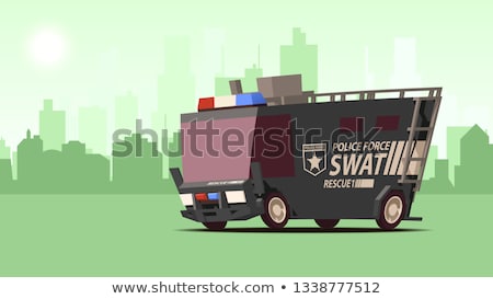 Police Van Armored Special Forces Vehicle Swat On City Landscape Background Foto d'archivio © Tashatuvango