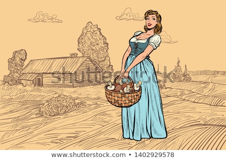 Village Woman With A Basket Of Mushrooms Engraving Effect Stock fotó © studiostoks