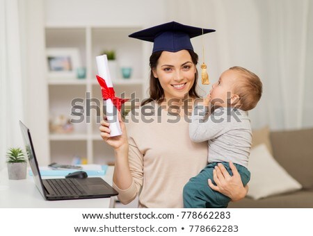 Stock fotó: Mother Student With Baby Boy And Diploma At Home