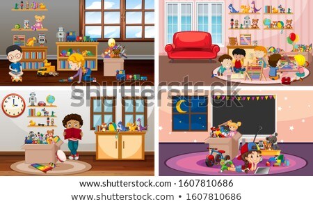 Stock photo: Four Scenes With Children Playing In Different Rooms