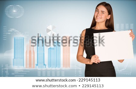 Businesswoman Hold Paper Sheet Wire Frame Glowing Buildings On Transparent Plane Stockfoto © cherezoff