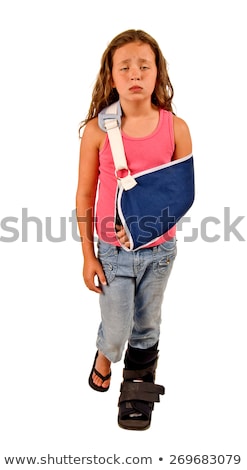 Foto d'archivio: Caucasian Sad Injured Girl With Broken Arm And Leg