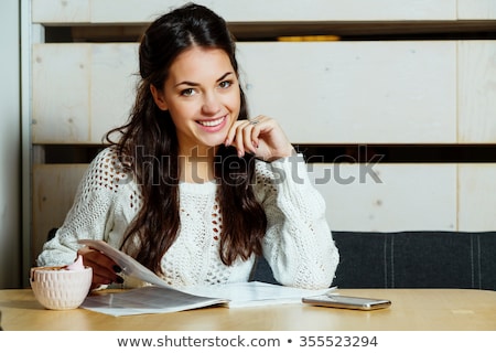 Stok fotoğraf: Image Of Smiling Brunette Woman With Beautiful Long Hair Holding