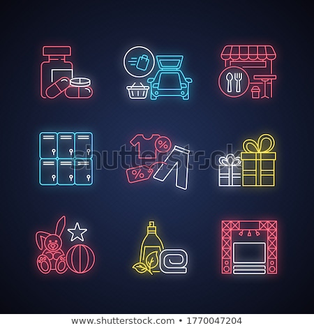 Foto stock: Shopping Mall Products Neon Light Icons Set