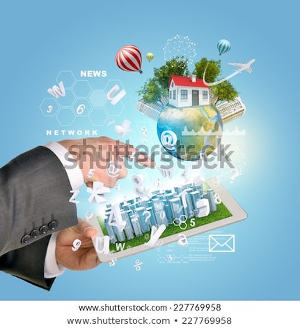 Man Hands Using Tablet Pc Earth And Business Words On Touch Screen Stockfoto © cherezoff