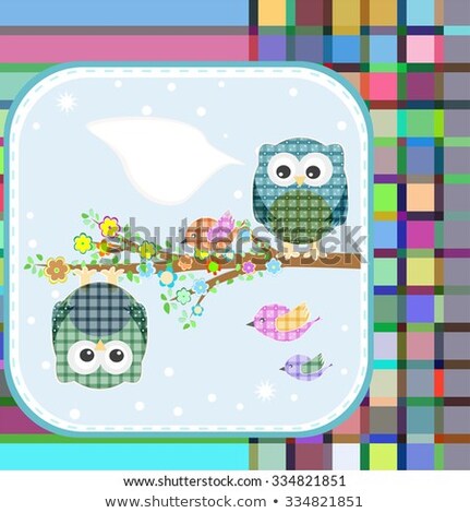 Textile Owl And Bird On Floral Branch Tree With Empty Bubbles Zdjęcia stock © fotoscool