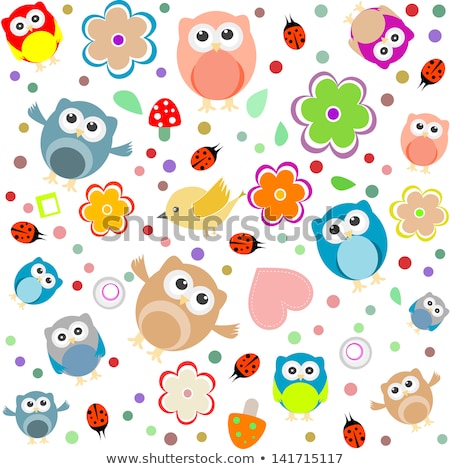 Seamless Background With Owls Leafs Mushrooms And Flowers Stockfoto © fotoscool