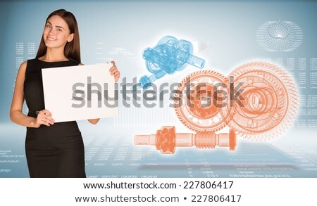Businesswoman Hold Paper Sheet Wire Frame Reduction Gears On Transparent Plane Stockfoto © cherezoff
