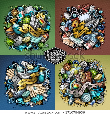 Stockfoto: Epidemic Cartoon Vector Doodle Illustration 4 Composition Set