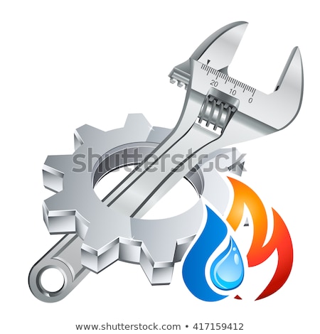 Foto stock: Plumber Symbol With Gear Wheel Adjustable Wrench And Fire Flame