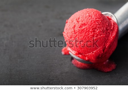 Foto d'archivio: Ice Cream Cherry Raspberry Strawberry Cranberry Red Sorbet Scoop Black Stone Background Copy
