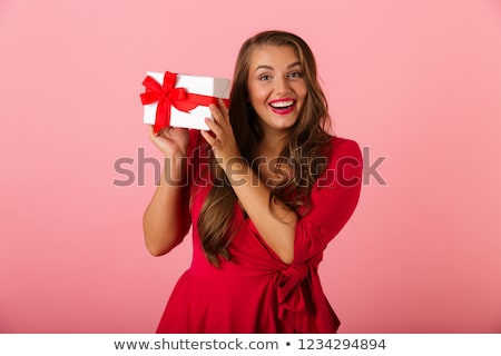 ストックフォト: Photo Of Caucasian Chubby Woman 20s Wearing Red Dress Smiling An