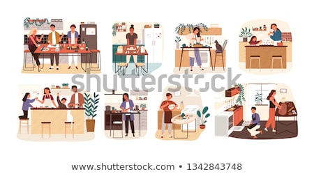 Foto stock: Family With Kids Cooking Together At Kitchen Flat Illustration