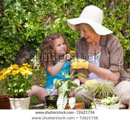 Foto stock: Grandmother And Girl With Flowers At Summer Garden