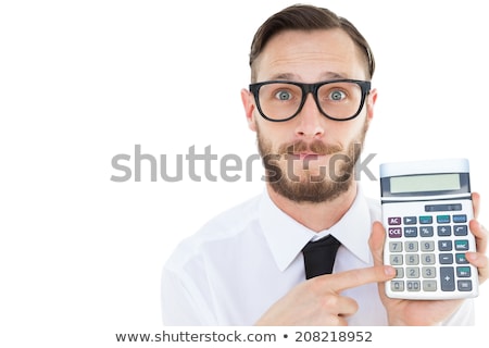 ストックフォト: Nerd Young Man With Calculator Isolated On White