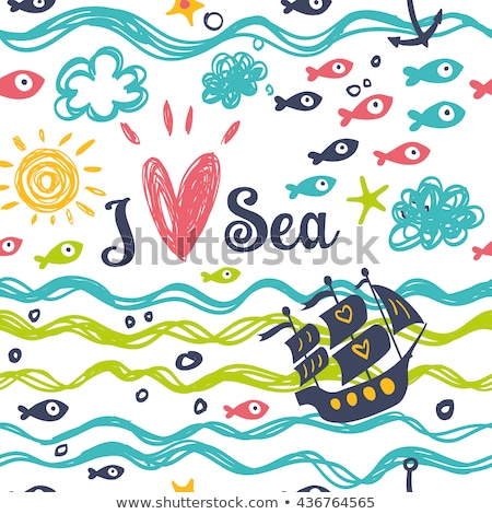 Stock fotó: Seamless Vector Pattern With Boats Waves And Suns In Blue And Red Colors