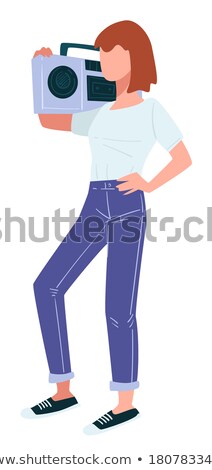 Foto stock: Stylish Woman With Musical Box Radio Record Vector