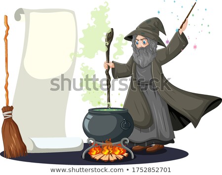 Stock photo: Witch With Black Magic Pot And Broomstick And Blank Banner Paper