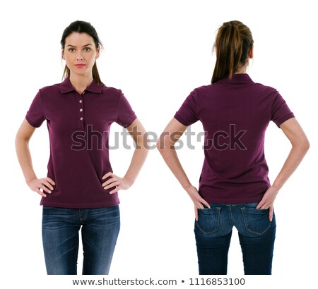 Foto stock: Brunette Woman Posing With Blank Purple Polo Shirt