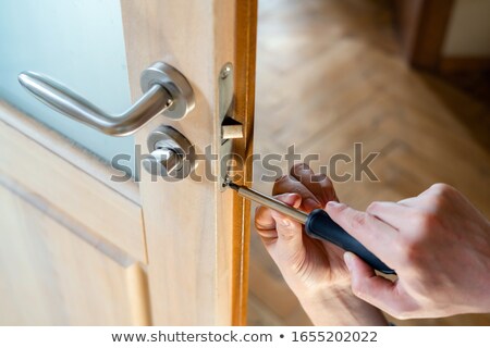 Foto stock: Carpenter Holding Wooden Door