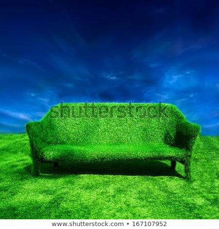 Foto d'archivio: Grassy Sofa Standing At Green Grass Over Blue Sky