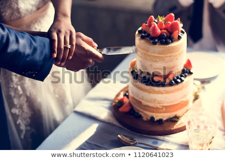 Stockfoto: Bride And Groom Cutting Wedding Cake At Reception