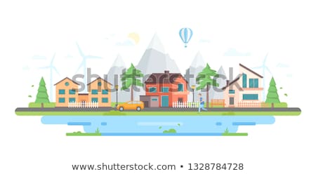 Foto stock: Town By The Hills - Modern Flat Design Style Vector Illustration