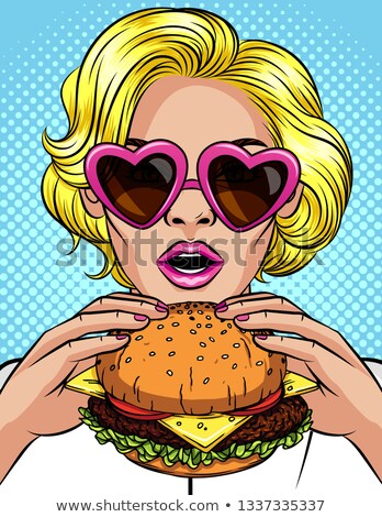 ストックフォト: Woman Eating Burger Pop Art Style Female Mouth