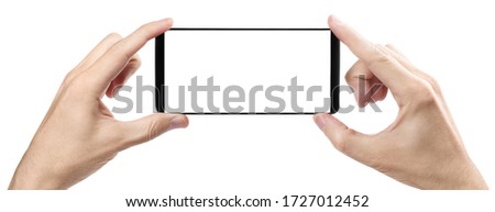 Stockfoto: Two Hands Holding Horizontal The Black Smartphone With Blank Scr