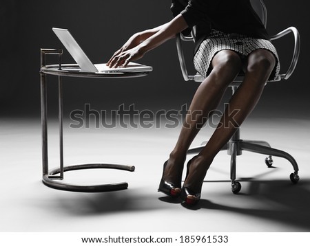 Zdjęcia stock: Low Section Of Young African American Woman Using Laptop In Her Backyard On A Sunny Day